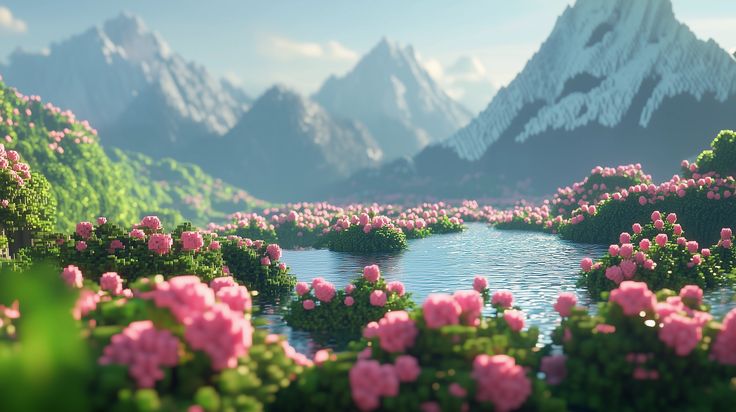 Minecraft пейзаж — горы и озеро